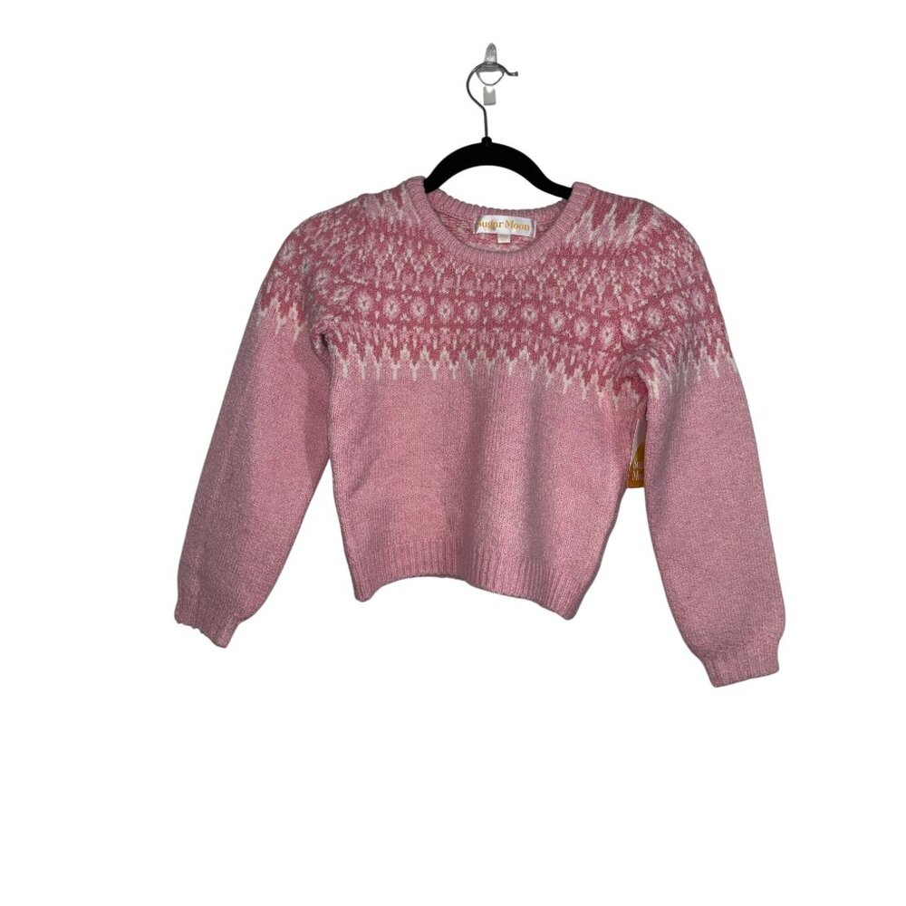 Sugar Moon Kids Fair Isle Sweater L (7-8) Pink & White Wool Blend Winter Knitwea